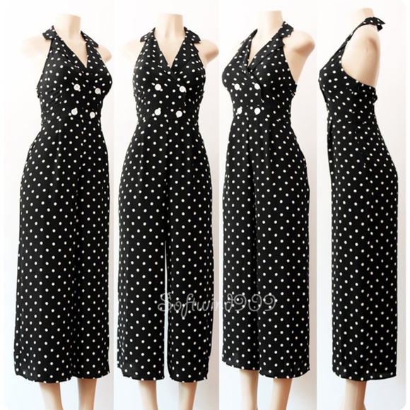 Last☝️Polka Dot Retro Halter Crop Culotte Jumpsuit - Picture 6 of 8